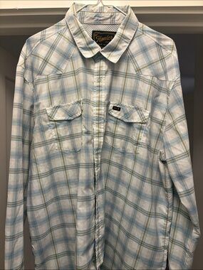 Howler Brothers Light Blue and Cream Plaid Shirt with Tan Accents